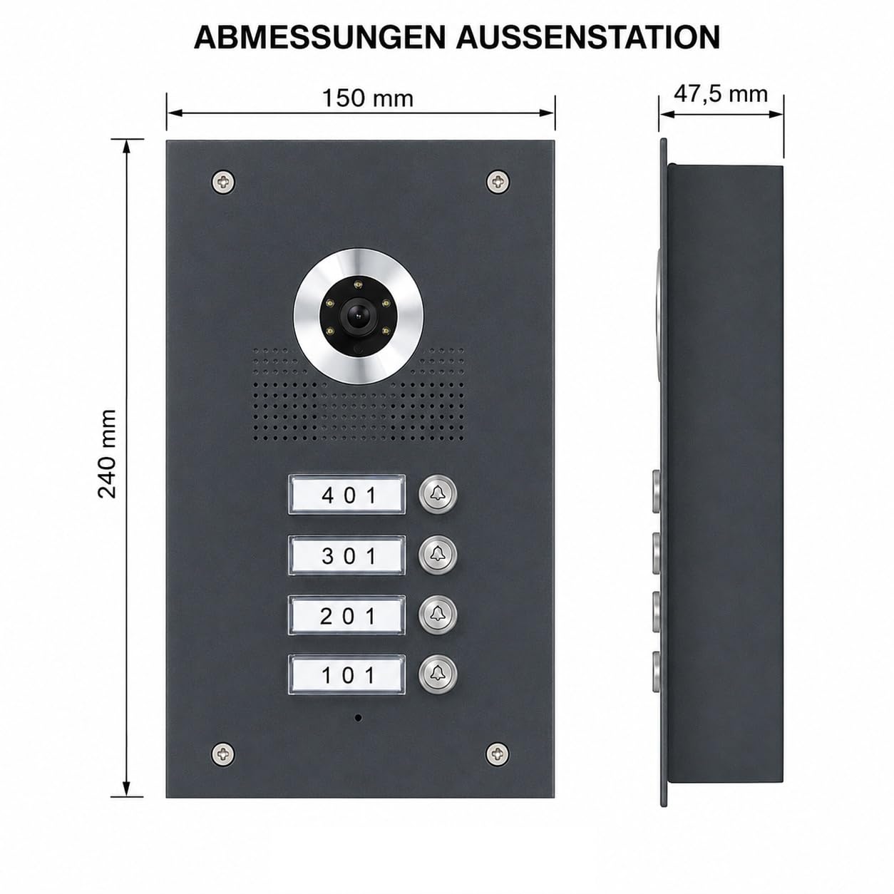 Mathfel 2-Draht Bus Video Türsprechanlage für 4 Familienhaus – 4X 7 Zoll Monitor Weiß – Edelstahl Außenstation Anthrazit beschichtet – Full HD Kamera – Unterputz