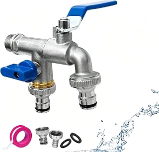 Grifo de jardín de 1/2 pulgadas, doble grifo con 2 conexiones de manguera gratis y 1 válvula de bola de sellado de rollo para jardín, hogar e industria doméstica (azul)