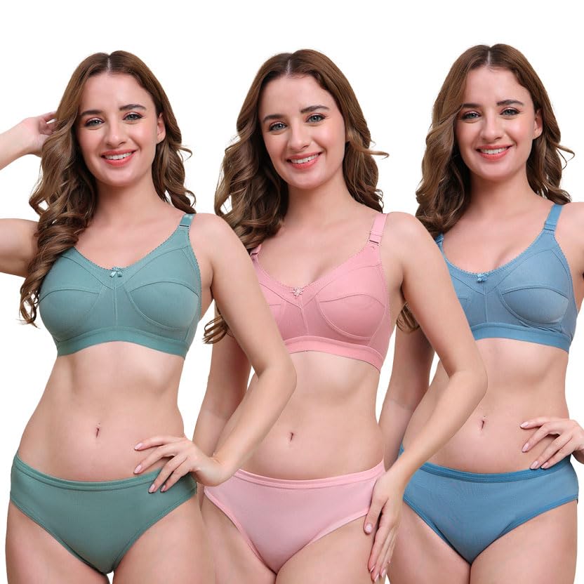 hzzokmi Women's Cotton Non-Padded Wire-Free T-Shirt Bra | Pack of 3 | Full Coverage Lingerie Set (Multicolor)-picture-30