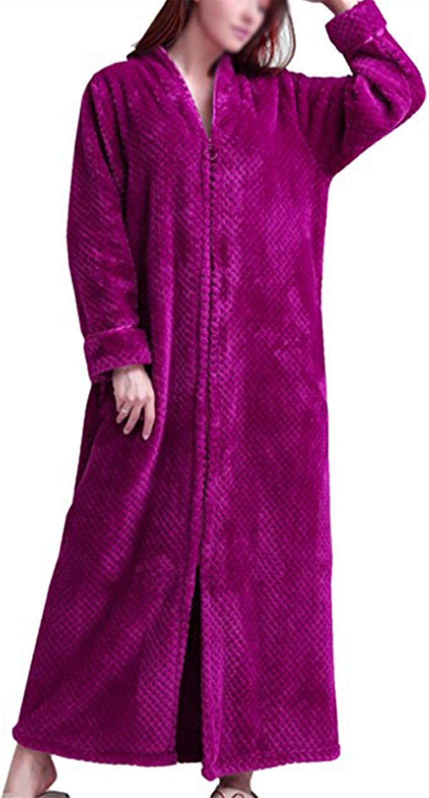 DSNOW Ladies' Zip Fleece Waffle Long Dressing Gown Fluffy Towelling Bathrobe Sleepwear