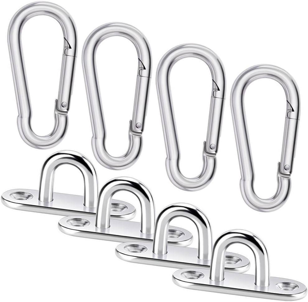 8Pcs Stainless Steel Oblong Pad Eye Plates and Carabiner Clips Heavy Duty for Climbing Sport and Home use