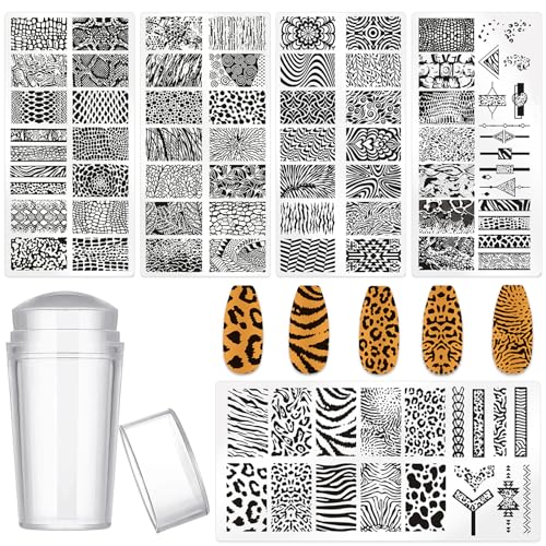 MOLILON 5pcs Nail Stamp with Nail Stamper and Scraper, Leopard Print Nail Stamping Plates Nail Art Stamp French Tip Stamp Tool Nail Stencils Template for DIY Nail Art Accessories