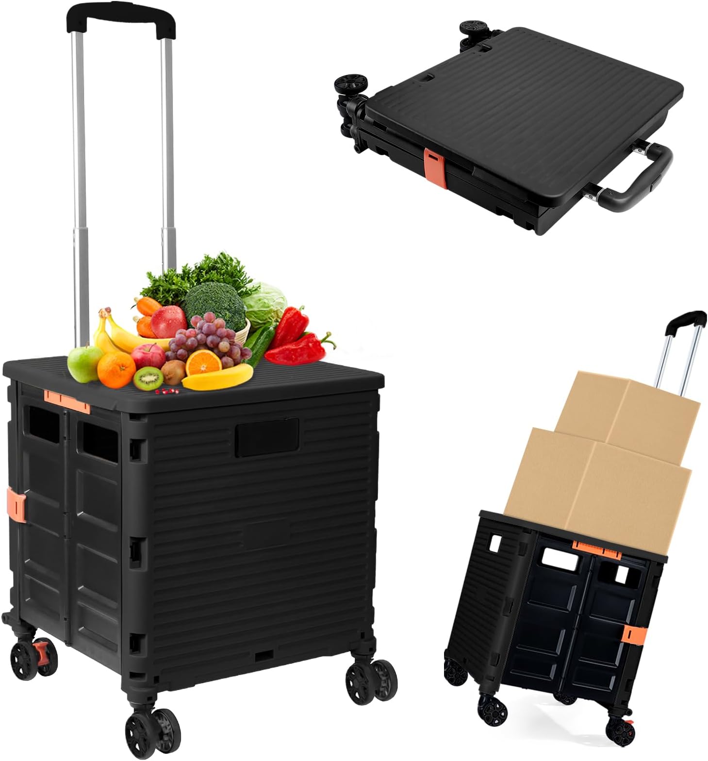 Foldable Utility Cart Folding Portable Rolling Crate Handcart Shopping Trolley Wheel Box with Lid Wear-Resistant Noiseless 360°Rotate Wheel for Travel Shopping Moving Storage Office Use (Black)