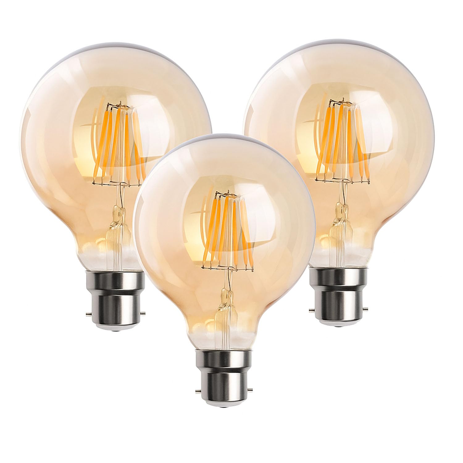 DC VOLTAGE Pack 3 | LED B22 G95 Light Bulb, 8W (60W Equivalent) Dimmable Warm White 2700K Vintage Amber Glass 806 Lumens Globe Energy Saving Bulb for Indoor Decorative Lighting