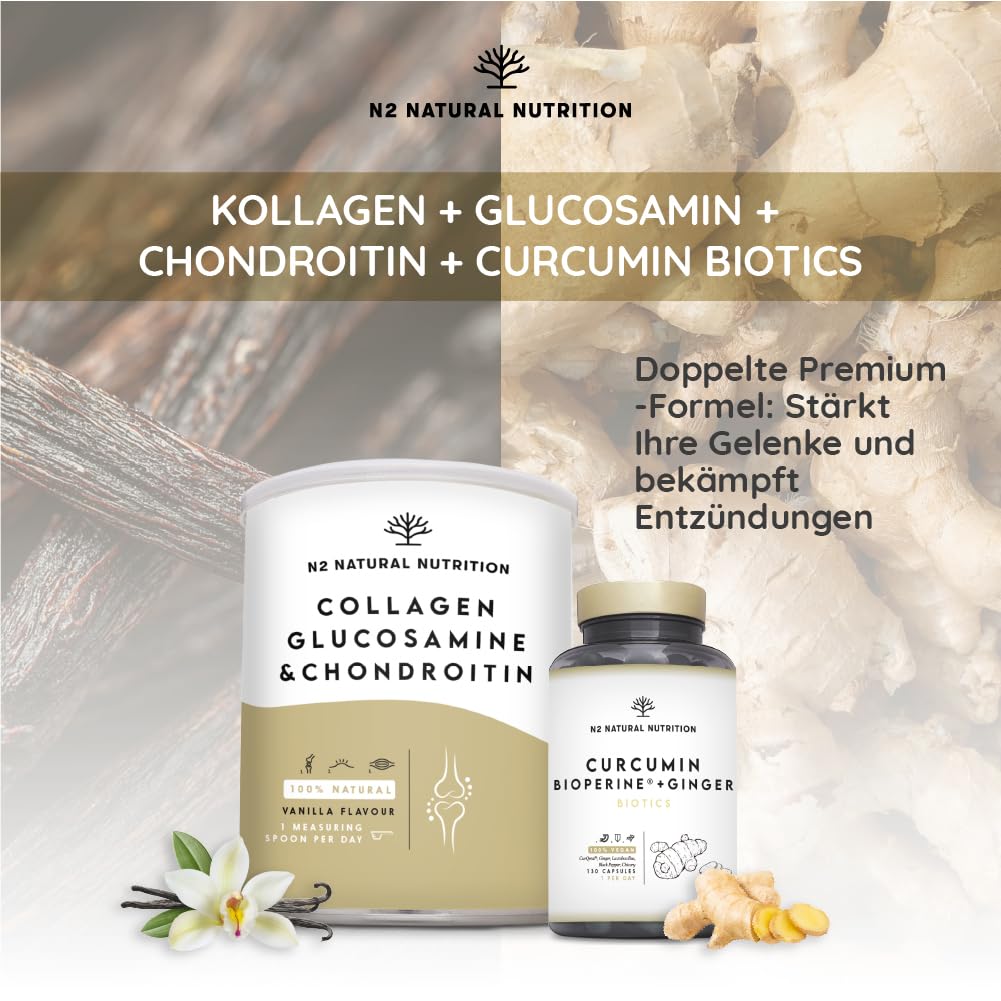 Collagen Hydrolysat Pulver mit Hyaluronsäure, Glucosamin, Vitamin C, Magnesium, Silizium. Kollagen Pulver. Leistungsstarker Knorpelschutz. Stärkung der Gelenke, Knochen, Haut. EU. N2 Natural Nutrition