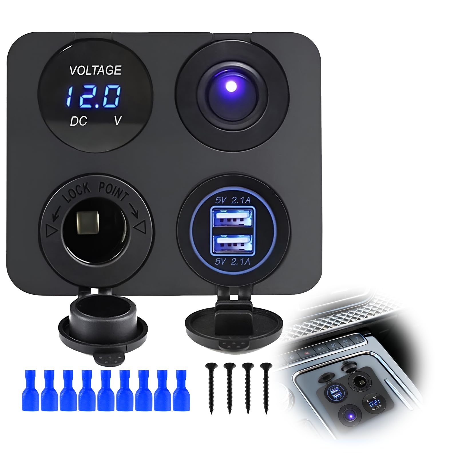 4 in 1 Pannello Caricabatteria da Auto USB 12V per Barca e Camper, Presa Marine Interruttore Pannello con Accendisigari da 240 W, Doppie Porte USB, Voltmetro a Led Blu E Interruttore a Bilanciere