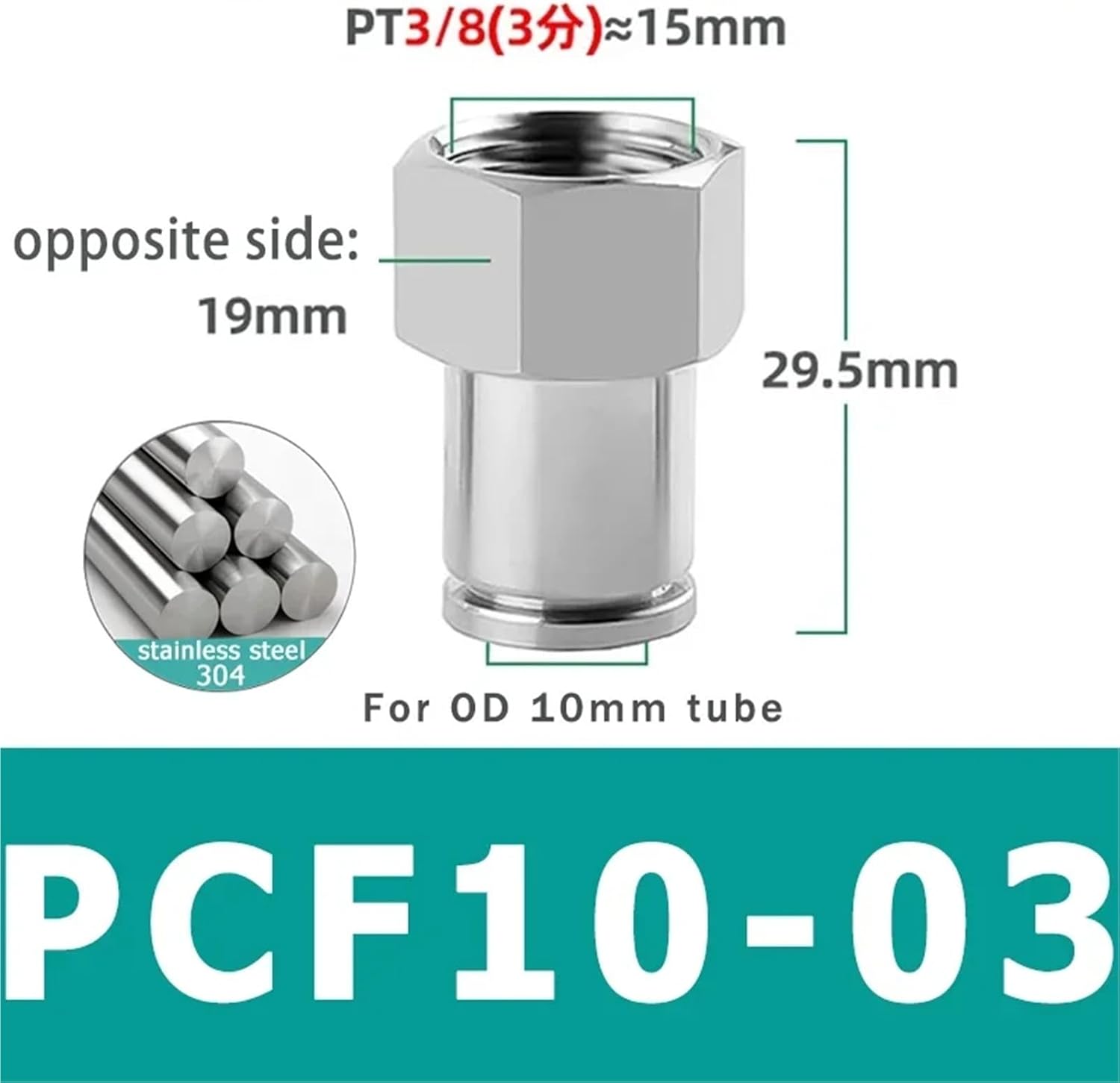 Pneumatic Connector 304 Stainless Steel PCF 1/8” 1/4” 3/8” 1/2” Thread Pneumatic Hose Pipe Quick Fitting 10Pcs(PCF10-03)