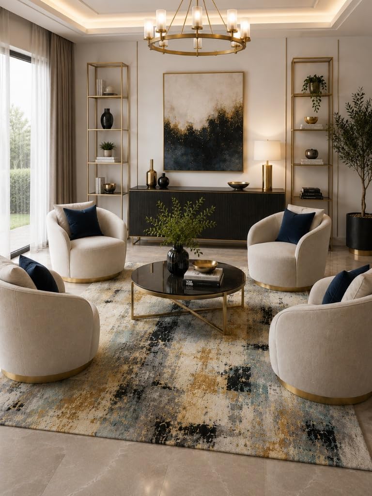 Tappeto Salotto Moderno Astratto Beige, Grigio, Oro e Nero, Lavabile in Lavatrice e Antiscivolo TPR, Pelo Corto Morbido per Soggiorno e Camera da Letto (200 x 300 cm)