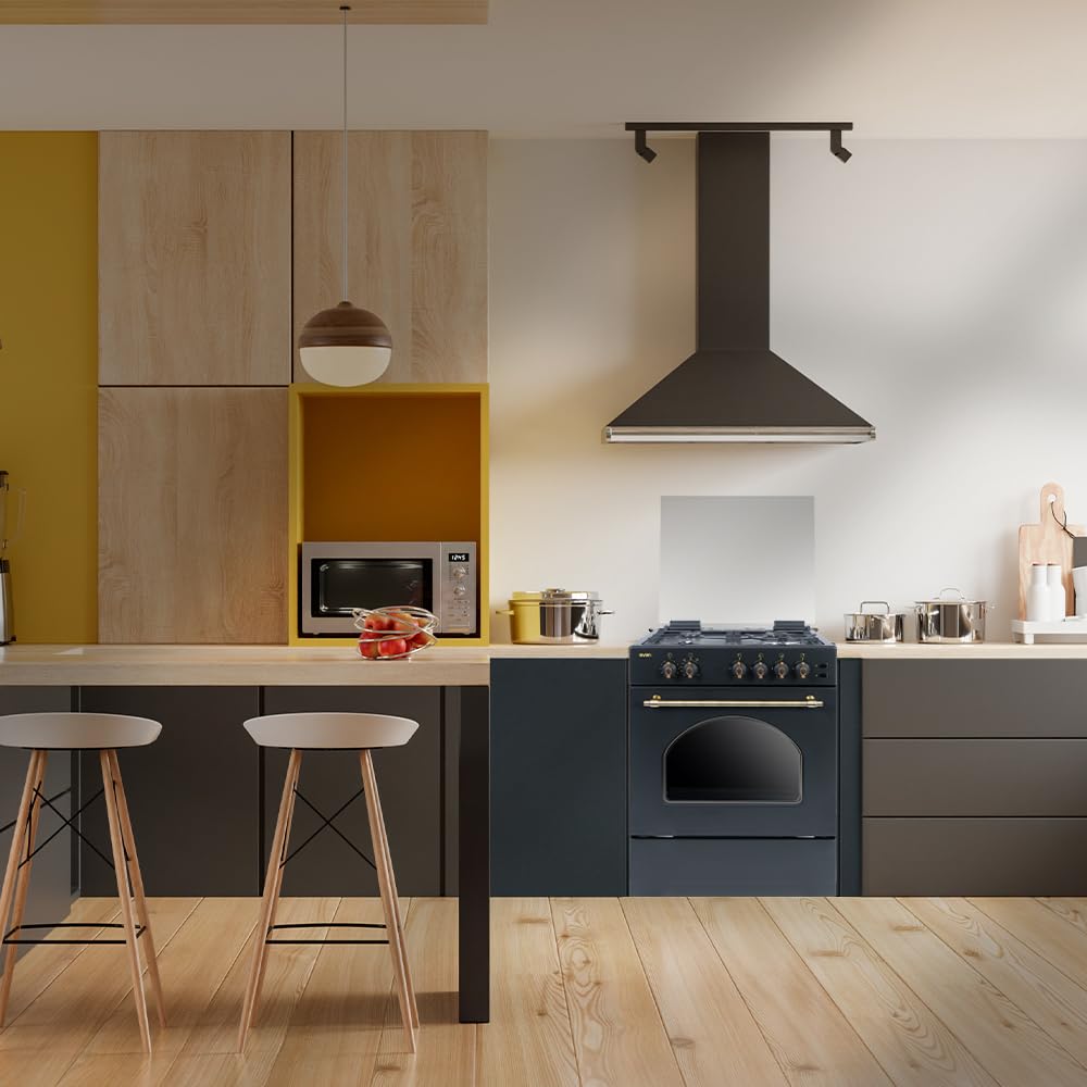 Svan Cocina Gas Butano 4 Zonas de Cocción, Horno 59 L, Rústico negro SKGW4600RN. Control Manual, Quemador WOK triple llama, 2 Programas de Cocción, Cristal en Puerta de Doble Capa, Tapa Abatible