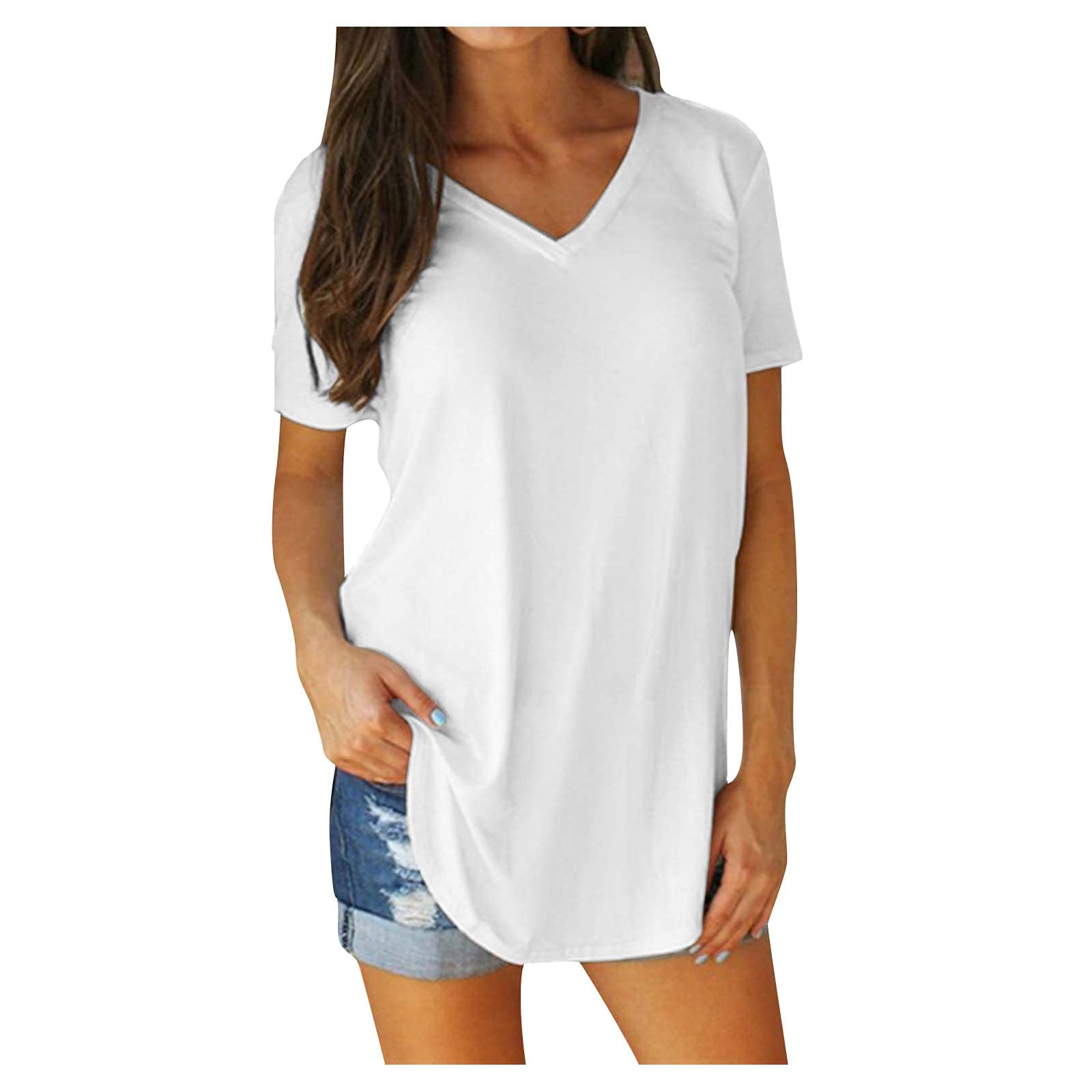 LOSSLO Camiseta de verano para mujer, monocolor, elegante, cuello de pico, camiseta larga para mujer, camiseta de manga corta, cómoda, holgada, túnica, informal, para mujeres, adolescentes y niñas