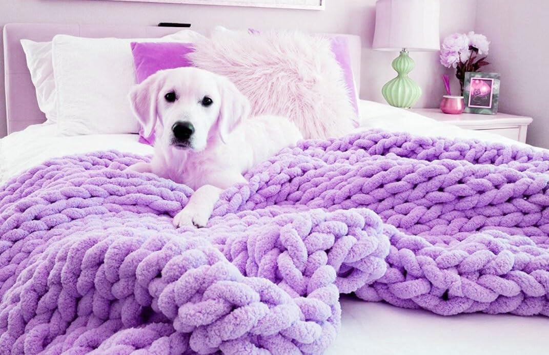 Luxury Chenille Chunky Knitted Blanket Throw, Handmade Knitting Soft Fluffy Blanket for Sofa Couch Bed Home Decor (Color : Purple, Size : 50x50cm)