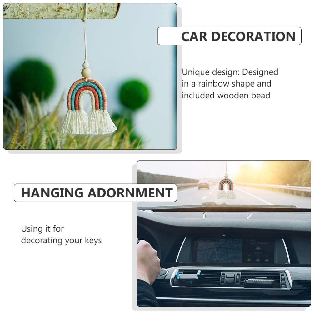 Boho Rainbow Car Charm Macrame Bead Essential Oil Diffuser Handwoven Rainbow Hanging Air Freshener Ornament for Car Interior Accessories (Pastel)