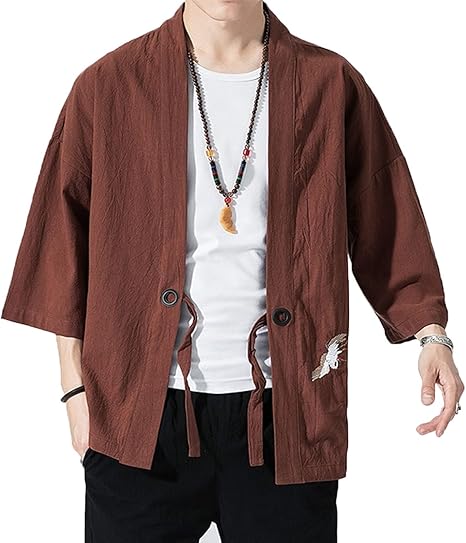 Amazon Co Jp 羽織着物和風 メンズリネンコットンブレンド着物カーディガンジャケットファッション和服サマーセブンスリーブケープオープン Coffee Xxl 服 ファッション小物