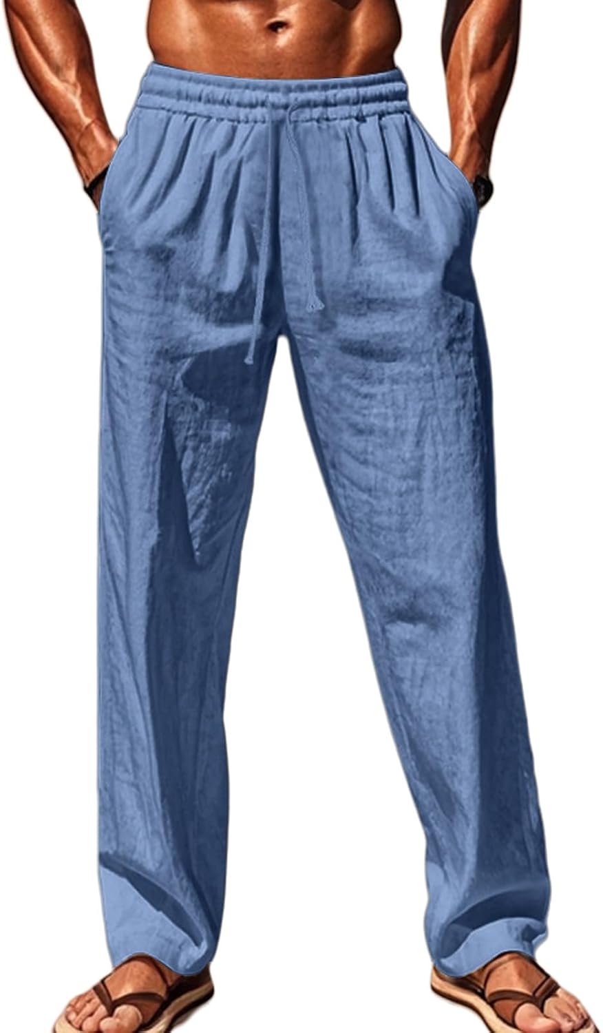 Men's Cotton Linen Pants Loose Fit Breathable Beach Yoga Trousers Drawstring Waist Solid Color Straight-Legs Trousers