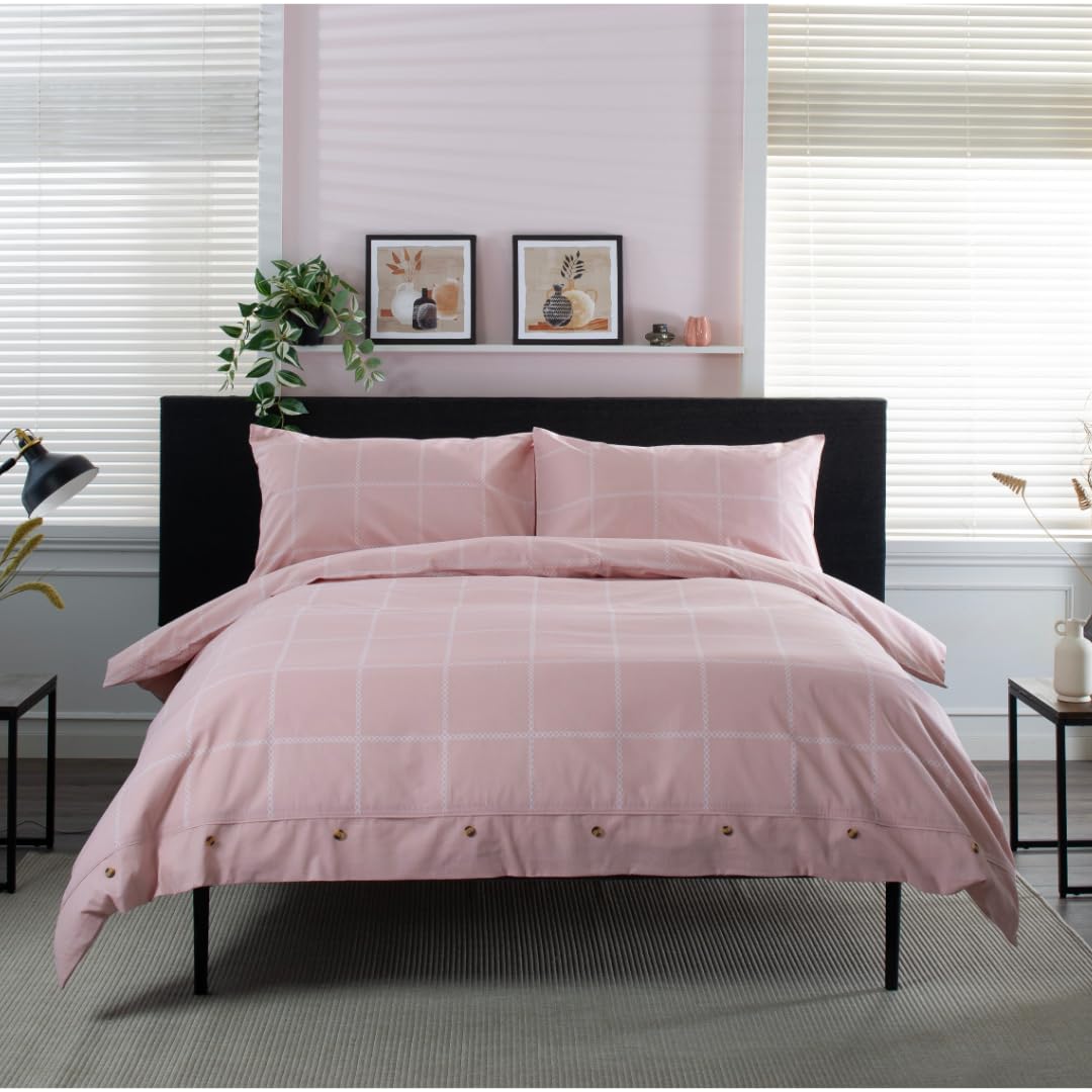 The Lyndon Company Crossleyh [Rose] Crossley Heath Duvet Cover Set 100% Cotton | Printed 144 Tc | Button Closure | Pillowcases Included | Machine Washable | Available In Blue, Rose, Grey, Green - All Uk Sizes [Do-Ro]