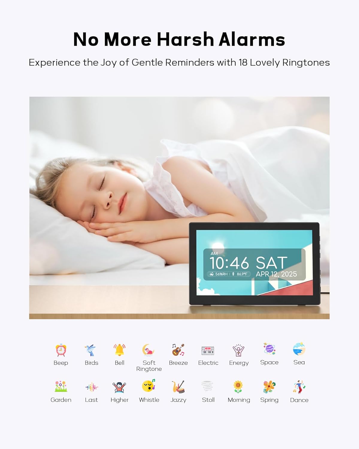 Mesqool Digital Clock displaying an alarm, with a child sleeping peacefully, and icons of various alarm sounds.