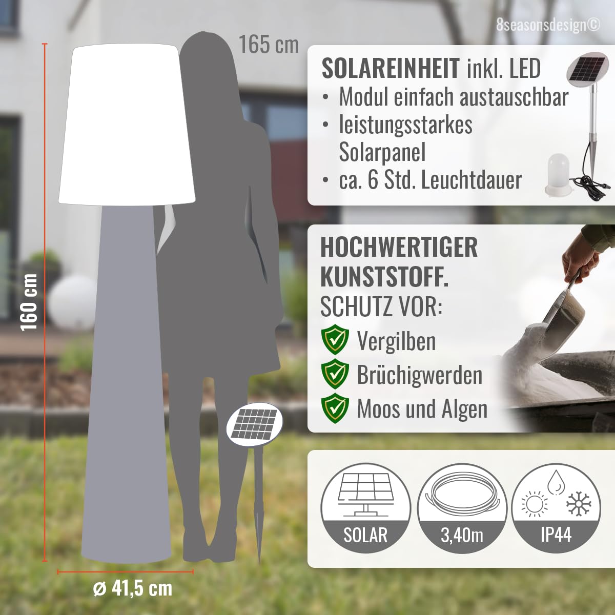8 seasons design LED Solar Stehlampe No. 1, 160cm groß (Grau), warmweißes Licht, Solarlampe mit Dämmerungssensor, Solarpanel, Stehlampe für außen (Garten, Terrasse, Balkon)