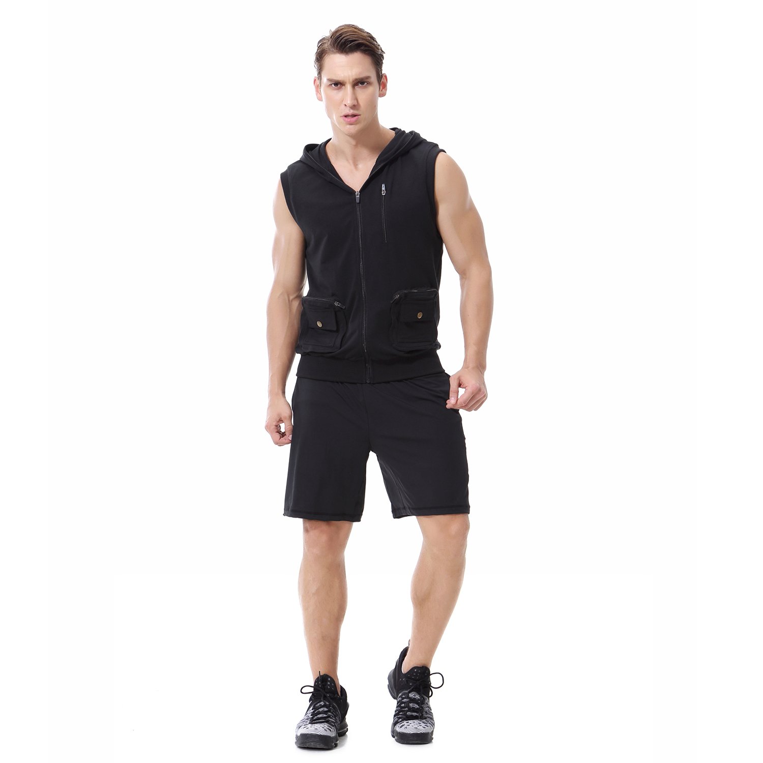AIRAVATA Men's Active Fitness Lightweight Sleeveless Hoodie Zip Up Vest Black