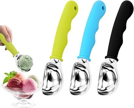 Upgraded Ice Cream Scoop Heavy Duty Nonstick Scooper with Ergonomic Handle Professional Grade for Perfect Round Scoops Gelato Cookie Dough Sorbet Blue Black 3PCS