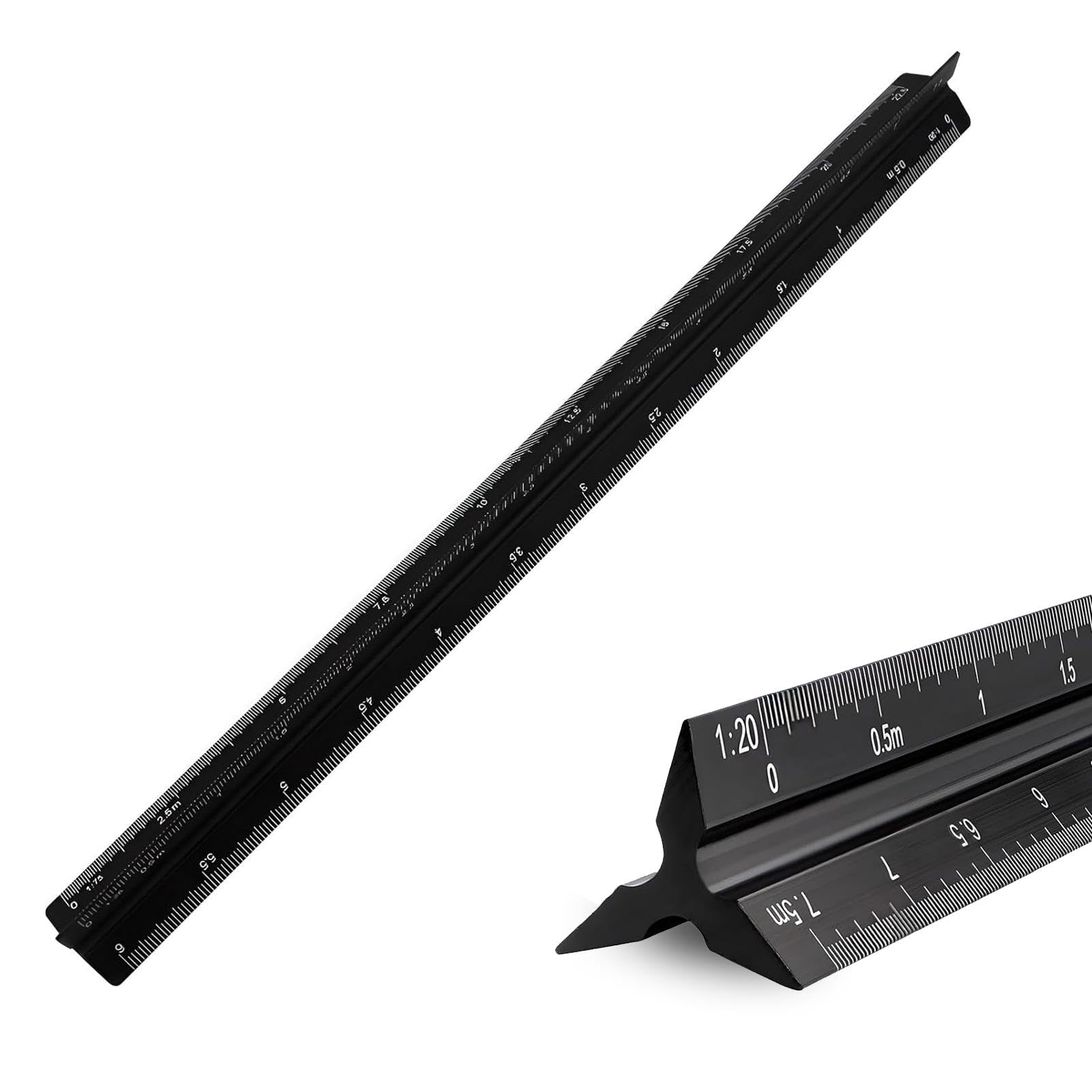 Architectural Scale Ruler, 30cm Triangular Aluminum Ruler with Metric Ratios 1:20-1:125 - Ideal for Architects, Students, Draftsmen and Engineers, Black