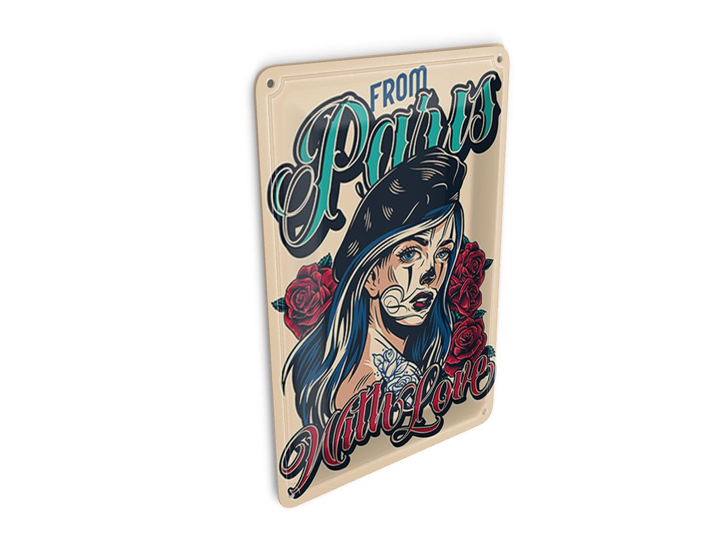Femer Girls Multicoloured Tin Postcard Pinup 10 X 14 Cm Tattoo From Paris With Love Decorative Sign