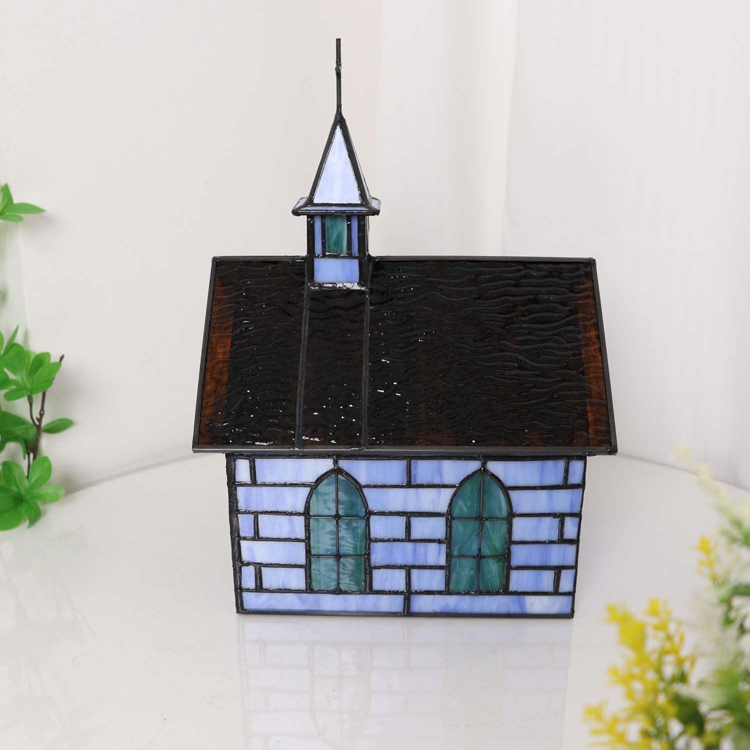 Bieye L12008 Christian Church Tiffany Style Stained Glass Table Lamp (Blue Chruch)