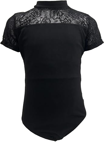 Kids Girls High Neck Floral Lace Cutout Back Leotard Short Sleeve Ballet Dance Gymnastics Athletic Bodysuit