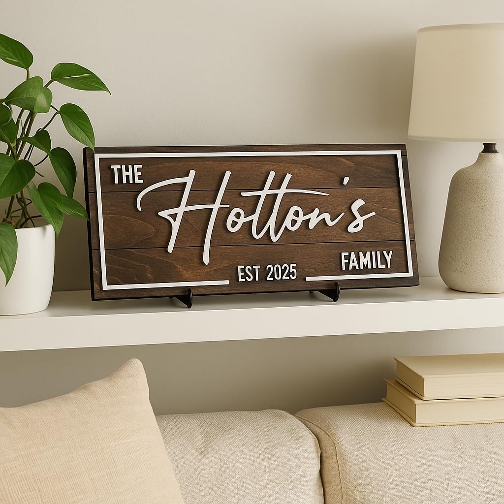 Personalized Family Name Sign - Custom Art Deco Last Name Wood Wall Decor Plaque, Rustic Farmhouse Style Wedding Gift, Housewarming Gift, Custom Wooden Wall Hanging with Established Date, Large Wall Art for Living Room or Entryway (Medium)