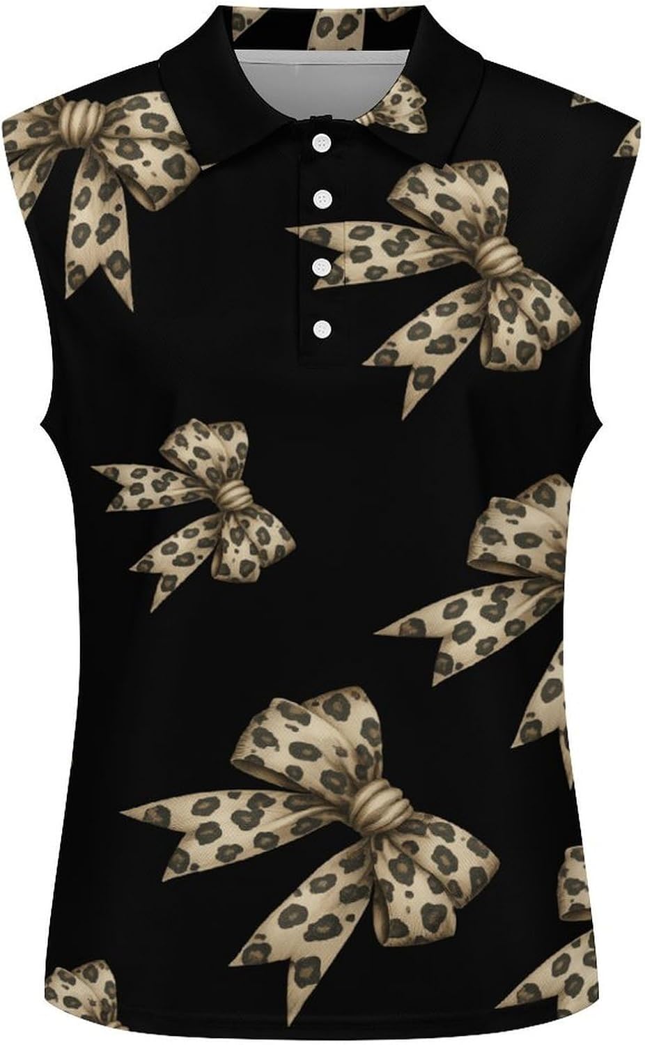 Classic Leopard Bow Womens Sleeveless V Neck Golf Polo Shirts | Collared Tank Tops
