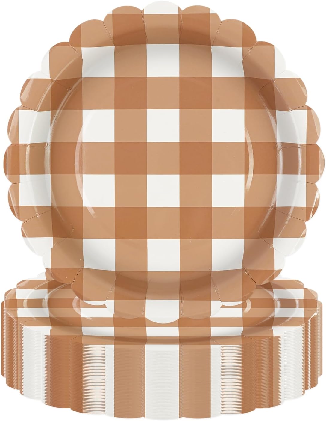 50PCS Brown Scalloped Paper Plates - 7Inch Striped Dessert Plates for Cake Salad Fruit Disposable Decorative Dinner Dessert Serving Plates for Autumn Birthday Party Supplies