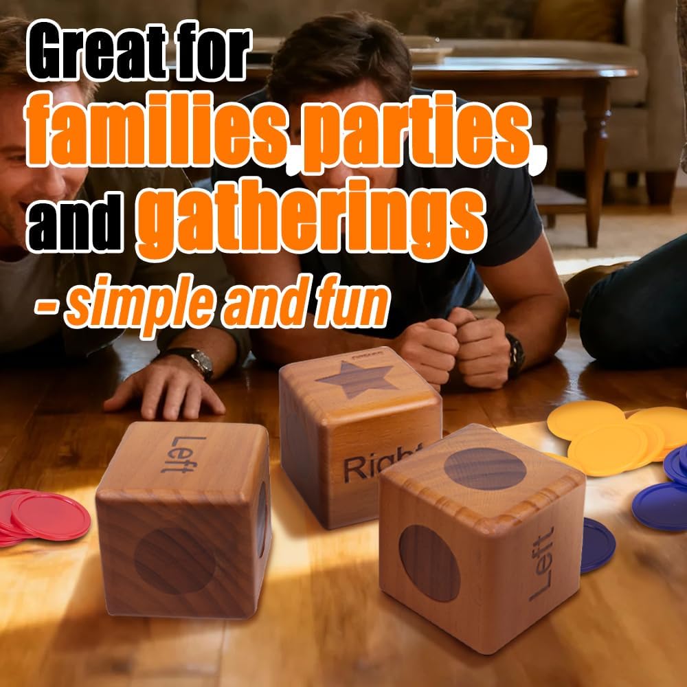Giant Right Center Left Dice Game Set,Classic Left Right Center Game for Family & Party Fun, with Colorful Chips, Wooden Dice, Storage Bag, Instructions,Cleaning Cloth Easy-to-Learn Wooden Dice Game