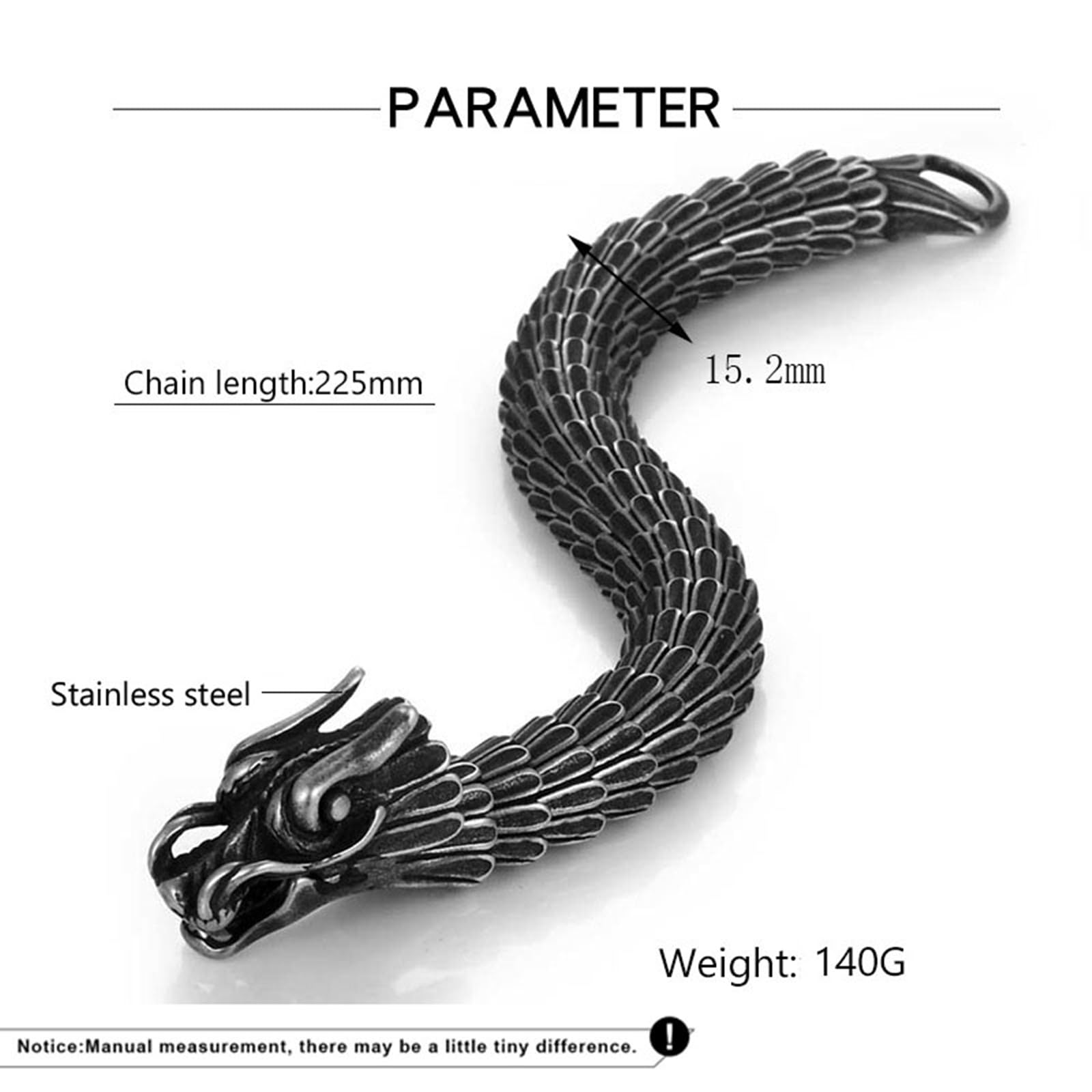 Bracelet Homme Dragon Noir Acier Inoxydable, Chaîne Large 15.2mm Punk Fantaisie