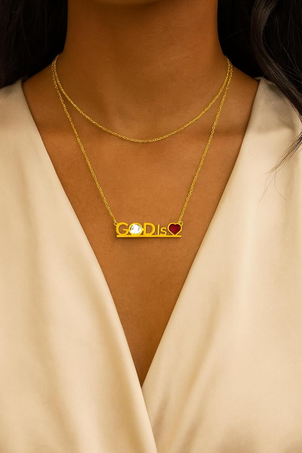 God is Heart Love Pendant Necklace 18K Gold Plated Stainless Steel Cubic Zirconia Stones Adjustable Chain High Polished Finish Inspirational Faith Necklace For Women Gift Idea - Image 3