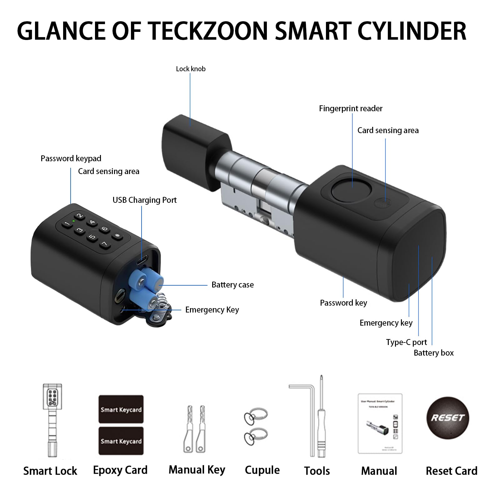 Cerradura Inteligente 5 en 1 para Puerta Principal, Cilindro Ajustable 60–90 mm, Apertura con Huella, Contraseña, Tarjeta RFID, Tuya App, Bluetooth y Llave, Modo Invitado y Contraseña Única