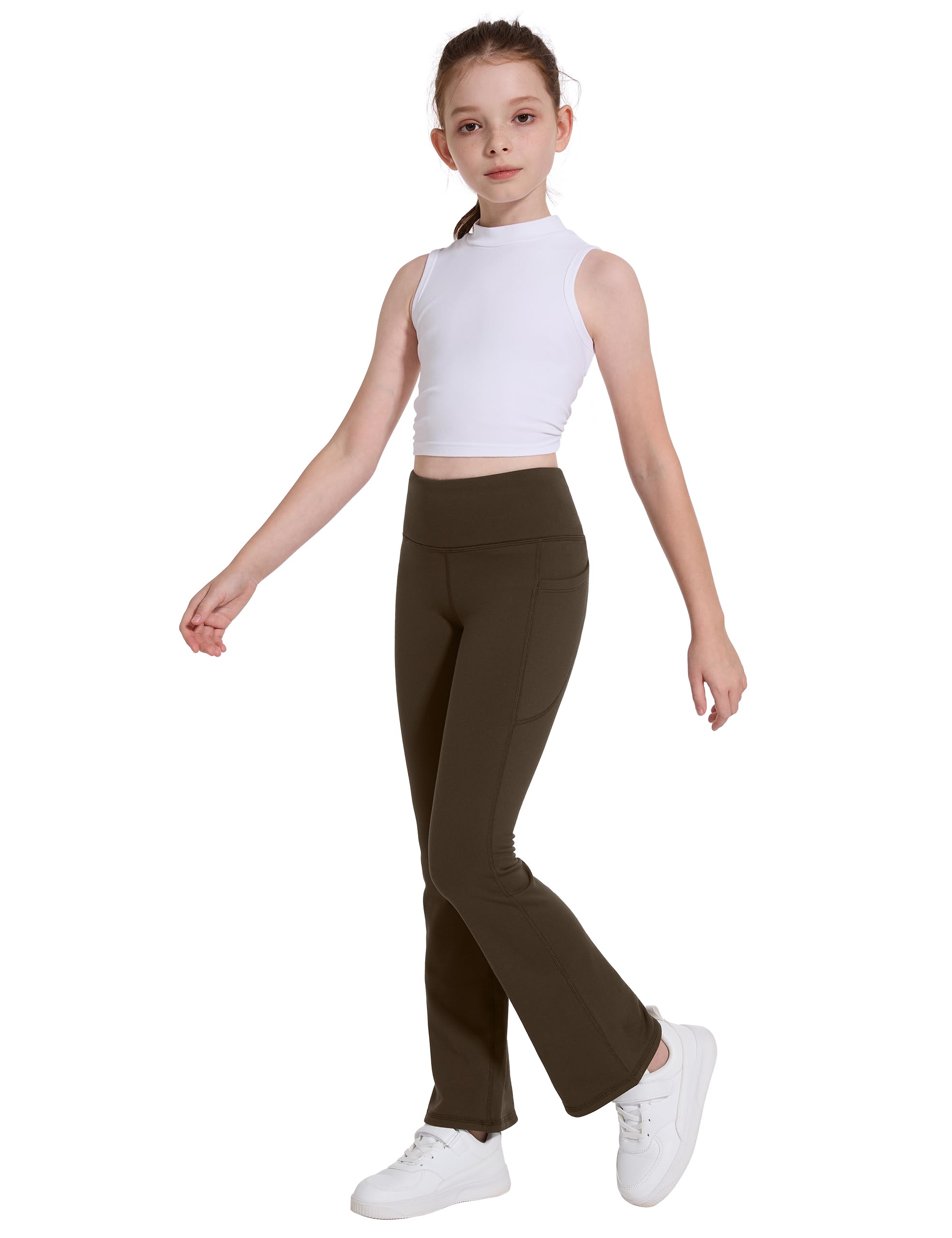 Desol Leggings termici a campana da ragazza con tasche, leggings termici da ragazza, pantaloni sportivi per bambini, ideali per ginnastica e jogging, cachi, 13-14 Anni