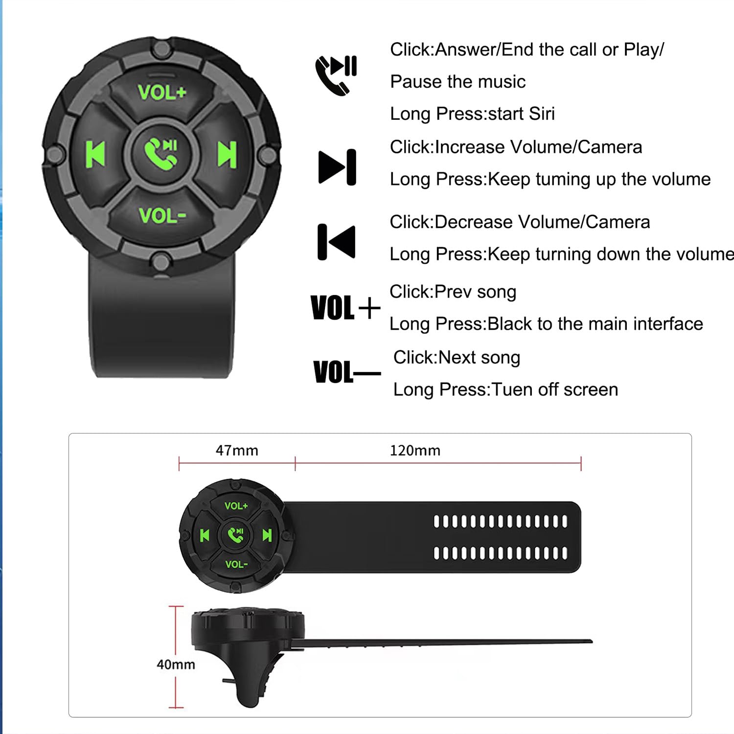 Mando a distancia Bluetooth con botón multimedia, inalámbrico, impermeable, control de música | Botón de control inalámbrico Bluetooth para volante compatible con teléfono inteligente para coche o motocicleta