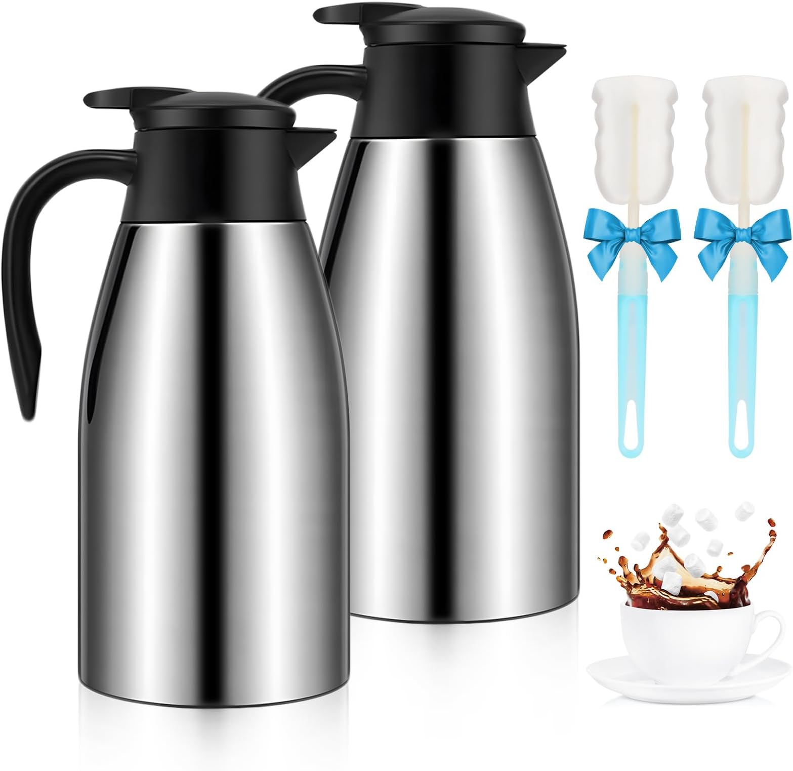 GearRoot 70oz Thermal Coffee Carafe, 2 Pack Airpot Insulated Coffee Urns Stainless Steel Vacuum Thermal Pot Dispenser for Coffee, Hot Water, Tea - Keep 12 Hours Hot, 24 Hours Cold (Silver)