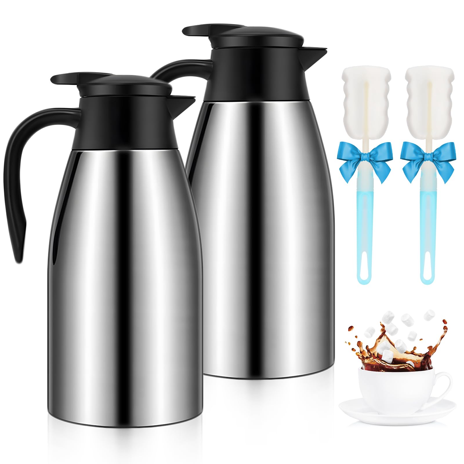 70oz Thermal Coffee Carafe, 2 Pack Airpot Insulated Coffee Urns Stainless Steel Vacuum Thermal Pot Dispenser for Coffee, Hot Water, Tea - Keep 12 Hours Hot, 24 Hours Cold (Silver)