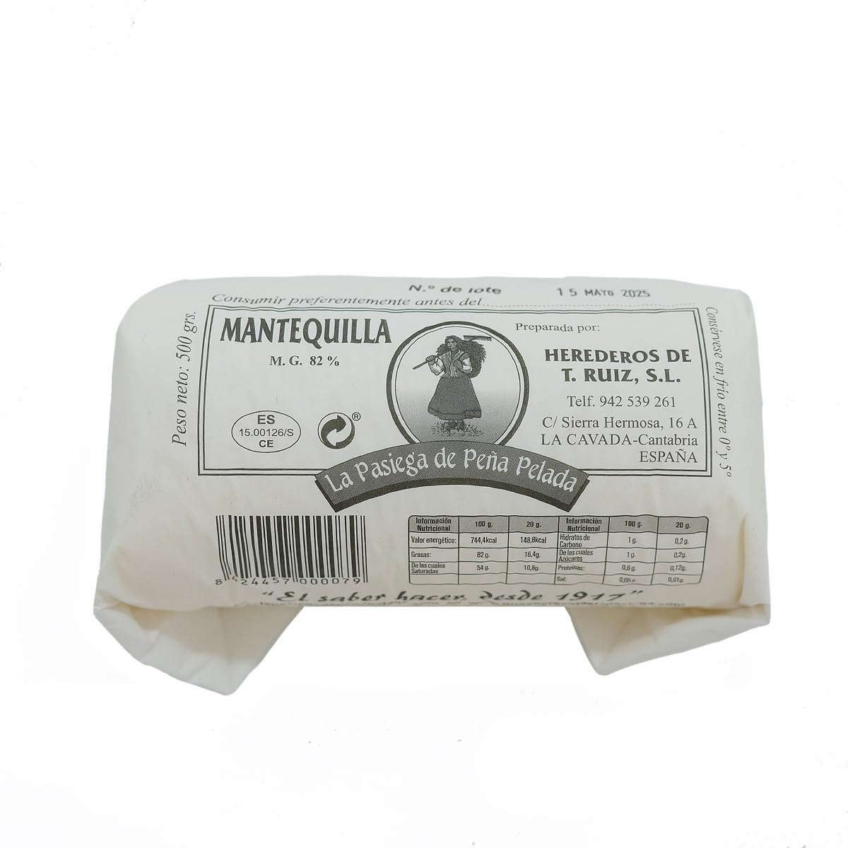 LA PASIEGA DE PEÑA PELADA Mantequilla Artesanal, Rulo de 500 gr (aprox) en Papel Sulfurizado, 82% Materia Grasa, Sabor Tradicional y Natural - Origen Cantabria