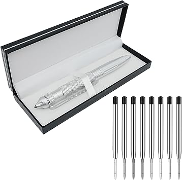 Origin-Joy Gift Boxed Tactical Pen, Tungsten Steel Military Tactical Pen, Emergency Self Defense Glass Breaker EDC Tool with 8 Refills Silver