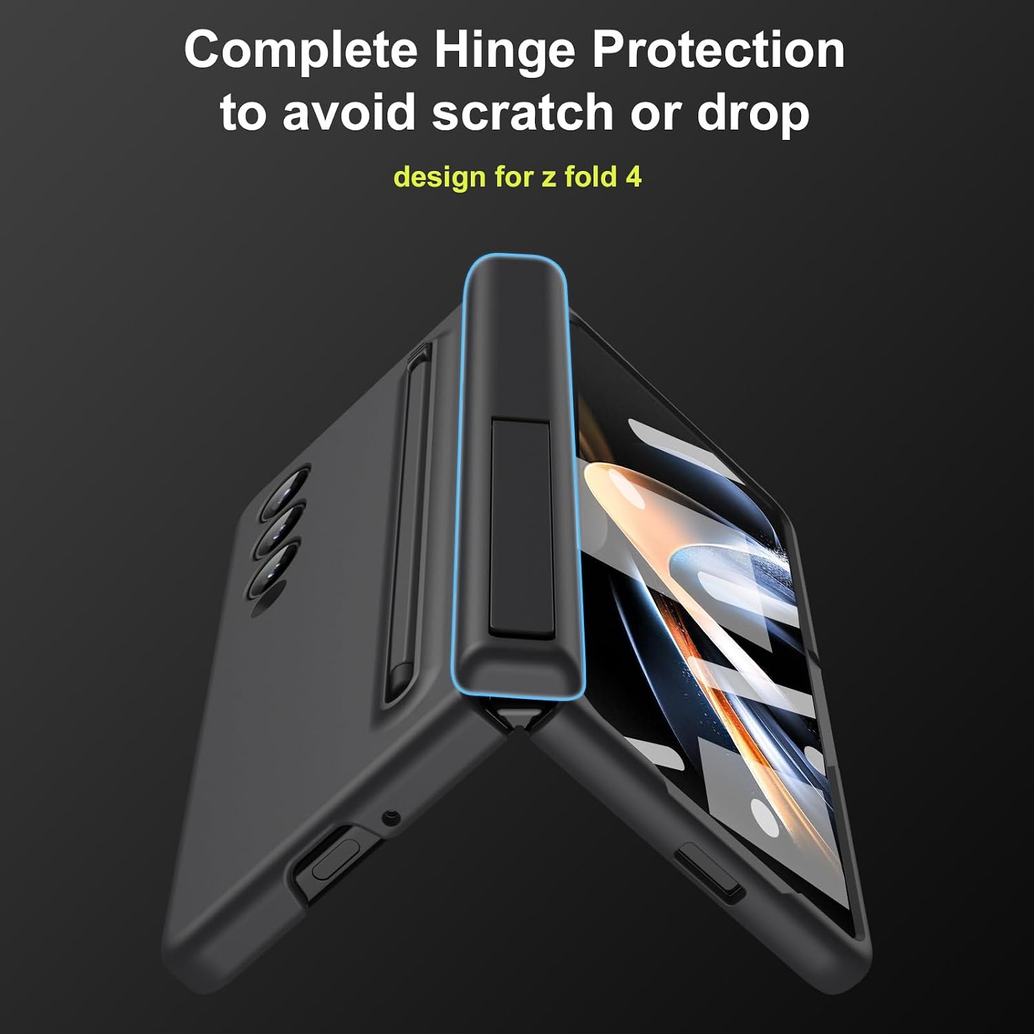for Samsung Galaxy Z Fold 4 Case with New Slim S Pen (2023) Holder & Capacitance Pen, Screen Protector, Hinge Protection, Camera Protection Stand Cover 5G 2022, Black image 4