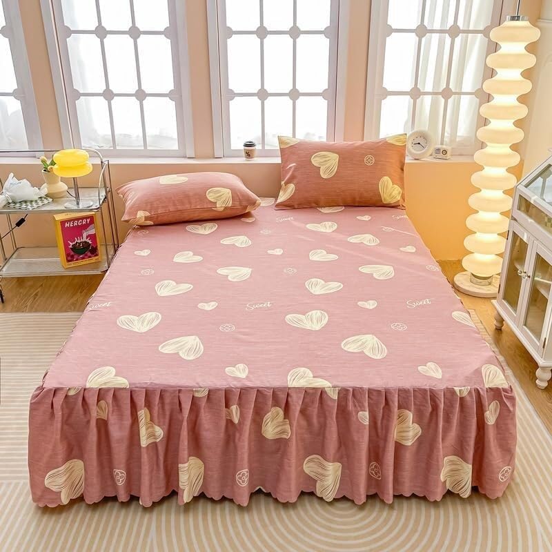 Drap-housse avec jupe de lit rose 180x200 cm à volants romantiques