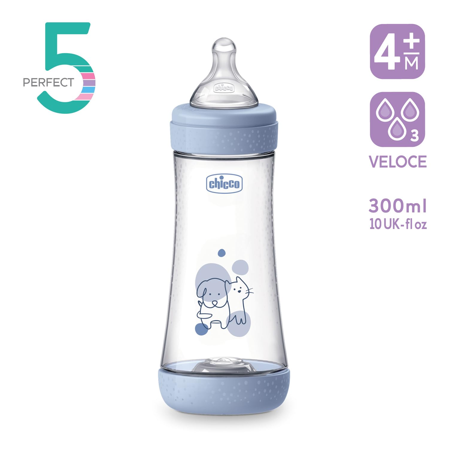 Chicco PERFECT 5 Biberon Anticolica da 300 ml, Biberon Flusso Veloce da 4 Mesi + con Tettarella in Morbido Silicone, Biberon simil seno materno, Biberon anticolica per allattamento misto, Blu