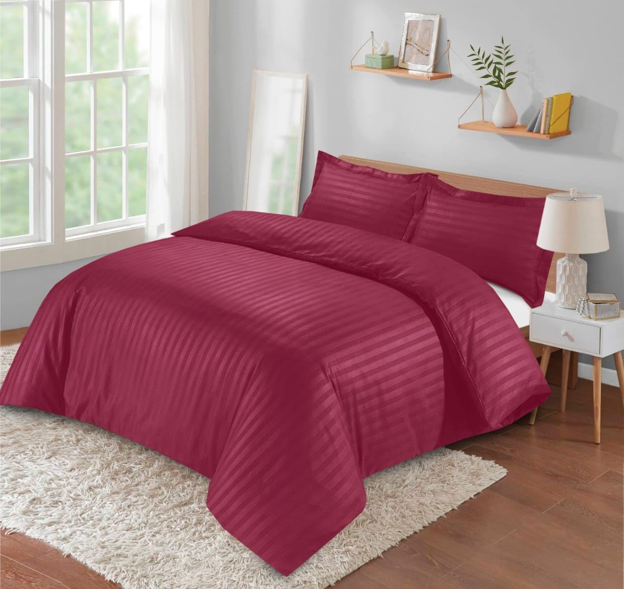 Casabella Satin Stripe Duvet Cover Sets, Luxurious Single Burgandy Bedding with Satin Stripes - Image 2