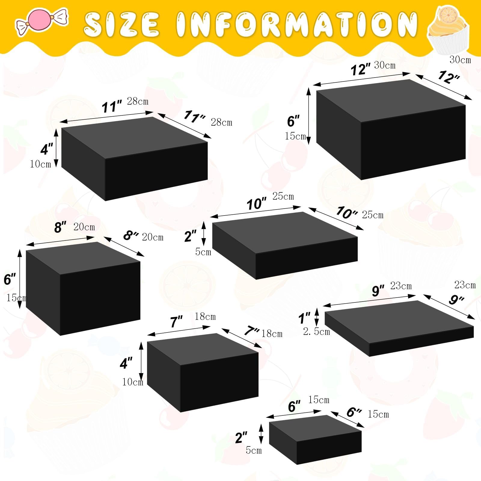 HEYOUTH Set de 7 elevadores grandes para buffet (15-30 cm) de acrílico – Cajas expositoras cuadradas con fondo hueco para mesas de postres, presentación de alimentos y suministros de catering (Black)