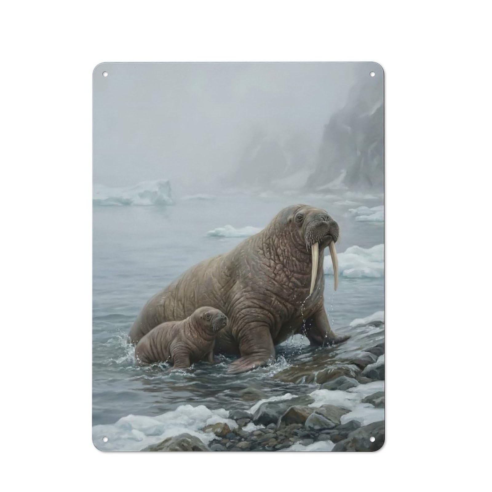 Junmoney Style-2 Vintage Tin Sign With Walrus Mother And Pup On Shore Design 40X30cm, Vintage Cafe Wall Decor For Coffee Bar, Kitchen, Bistro Or Tea Corner