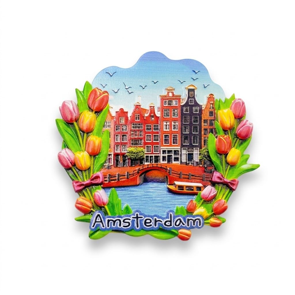 Amsterdam - Imán de resina 3D para nevera, diseño de casas de canal con marco de tulipán vibrante, recuerdo de viaje de los Países Bajos, bonita decoración de cocina única, 3.15 x 2.95
