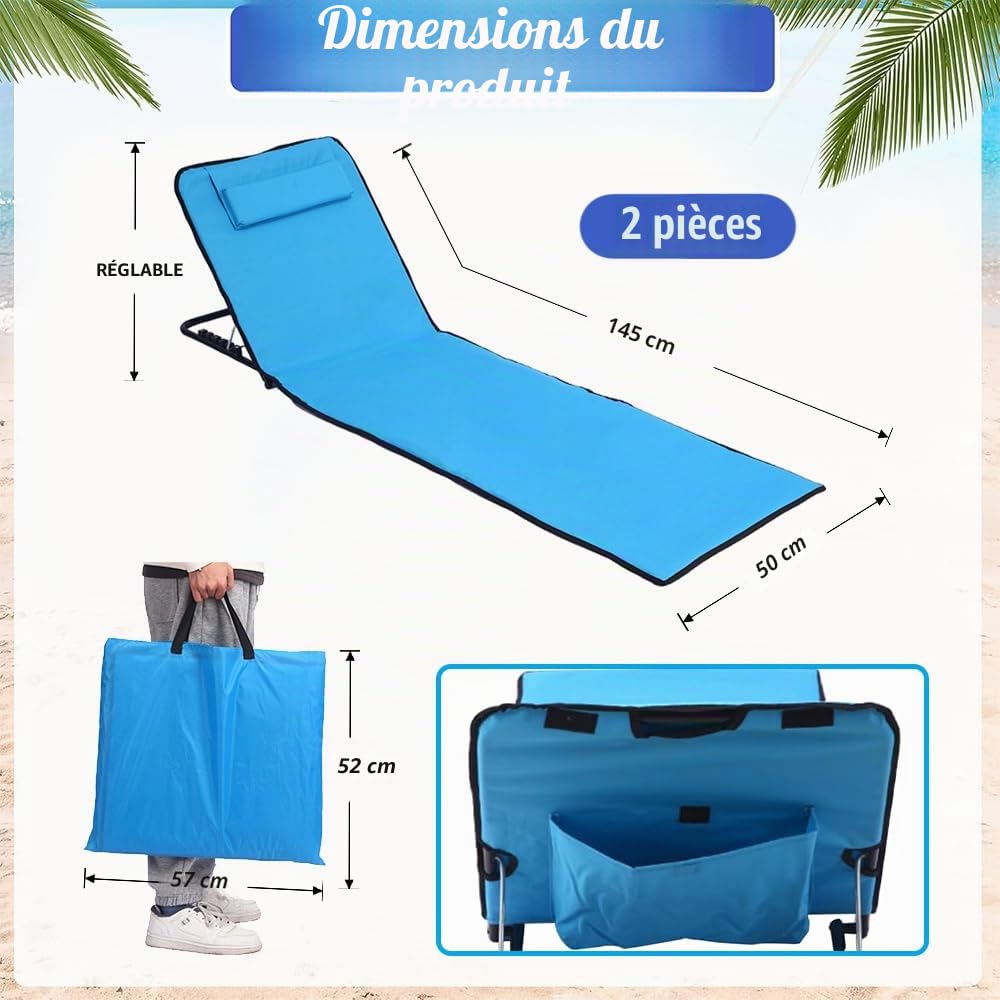 Transat de Plage 2 Pièces,Matelas de Plage Pliable,Chaise de Plage Pliable,et Réglable,Tissu Oxford 600D imperméable,Sac de Rangement Inclus, pour la Plage, Le Parc, Le Camping(Bleu Clair)