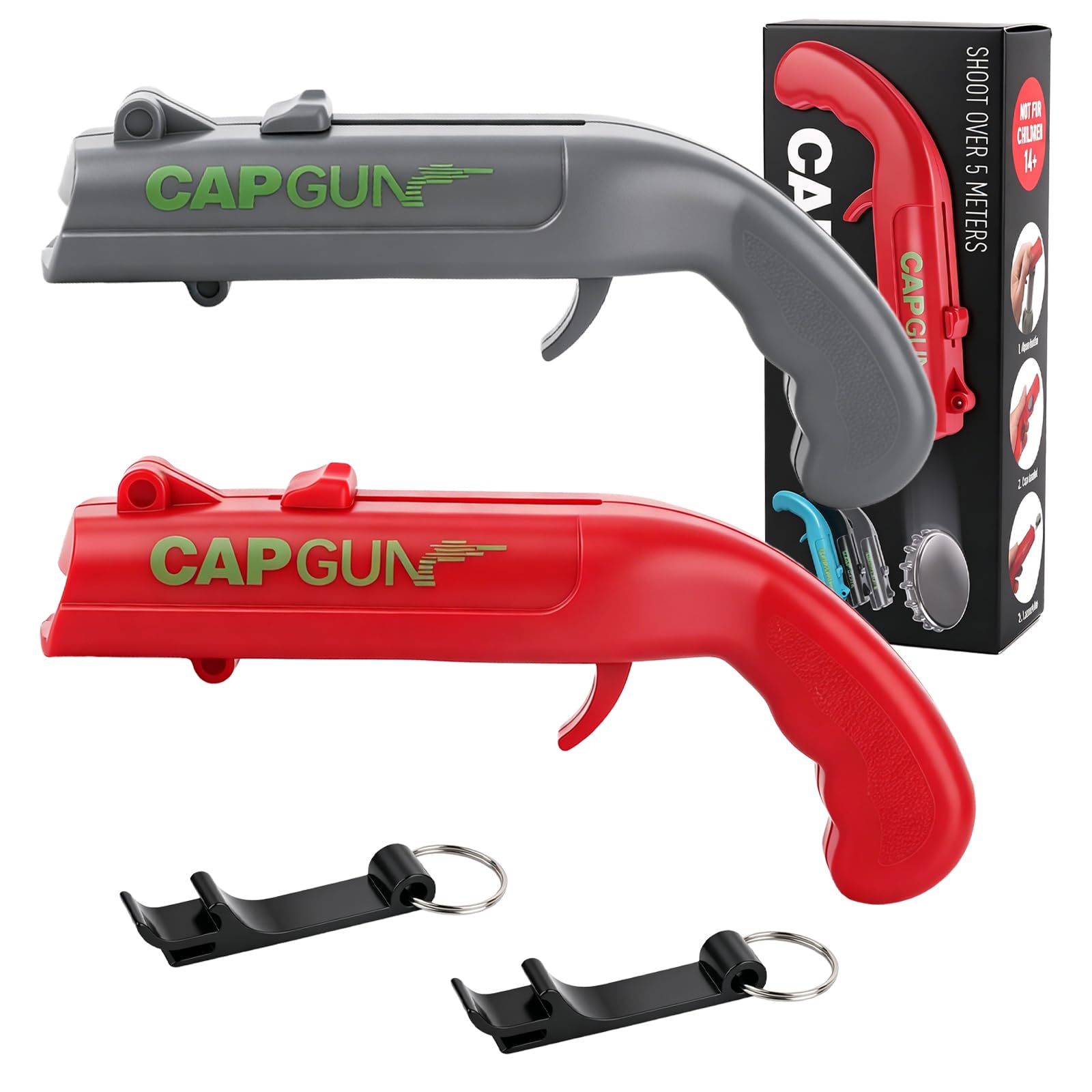 2 Pcs Beer Bottle Opener Cap Gun, Funny Cap Gun Bottle Opener Launcher Shooter with Gift Box, Caps for Cap Gun for Shooting Game Home Bar Party Christmas, Gift for Him(Grey, Red)