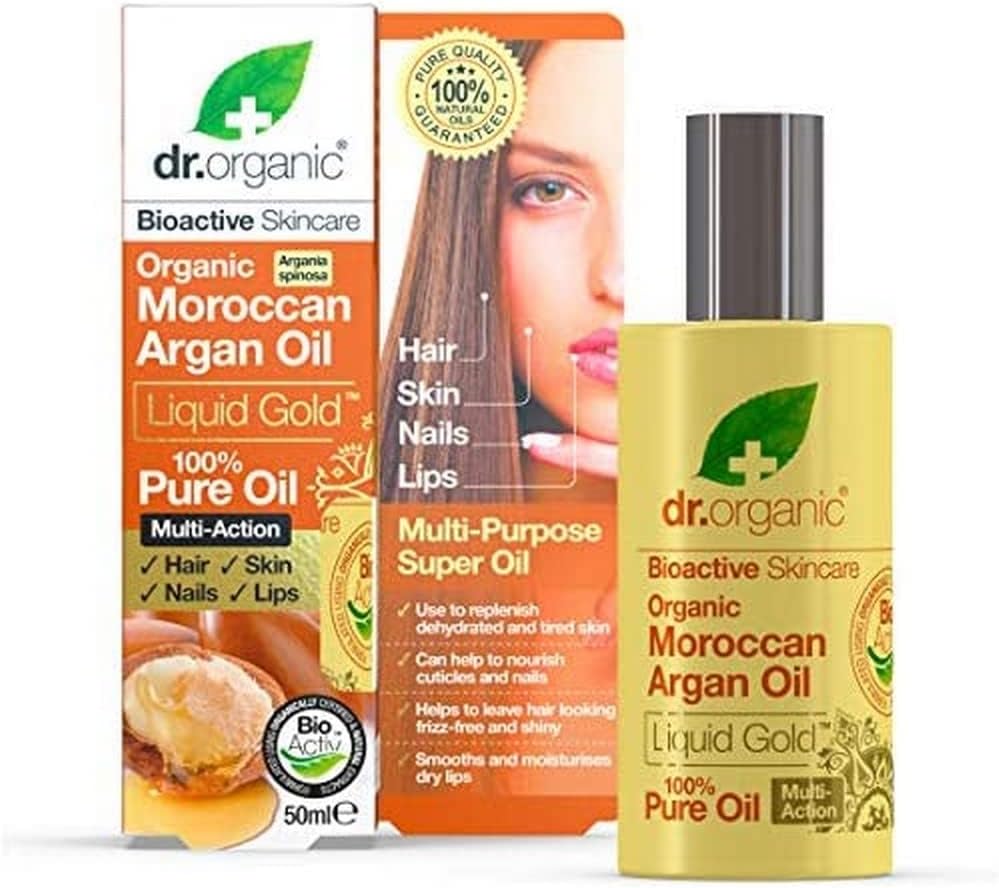 Dr Organic Moroccan Argan Oil 100% Pure Oil, Replenishing, For Hair, Skin & Nails, Mens, Womens, Natural, Vegan, Cruelty-Free, Paraben & SLS-Free, Organic, 50ml, Packaging may vary